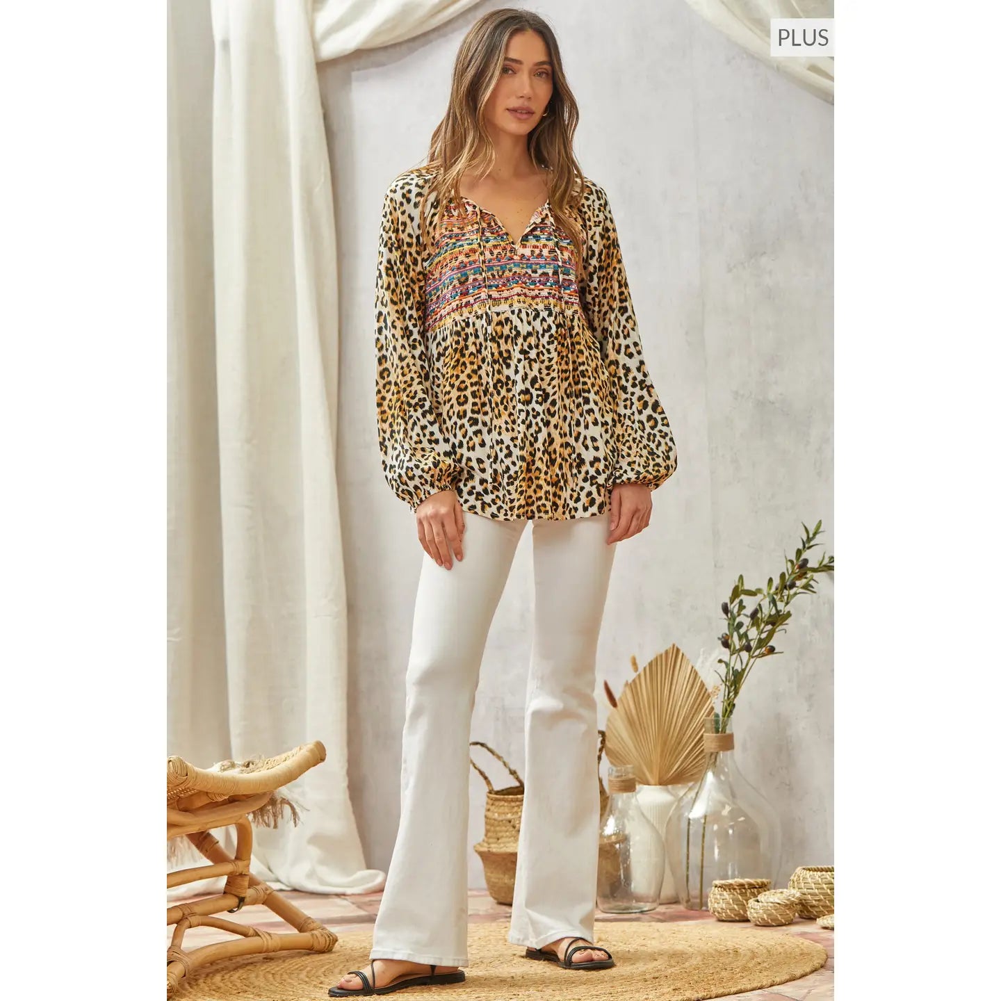 Plus Leopard Embroidery Top