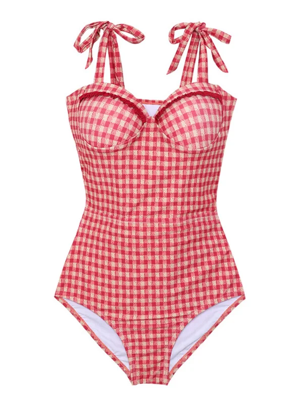 Red 1950s Checked Back Cut-Out Swimsuit